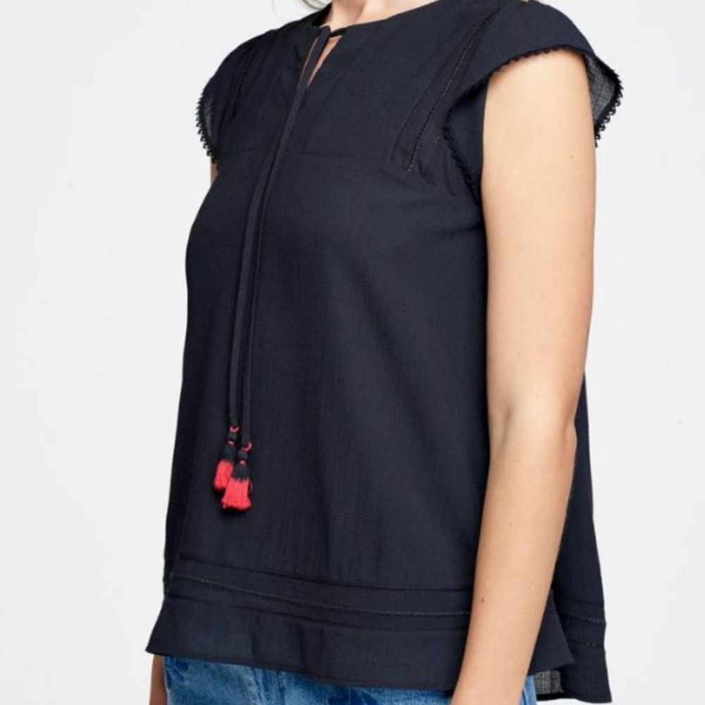 Rebecca Minkoff Kimmy Top w/Tassel Tie Small Black Cotton Embroidered